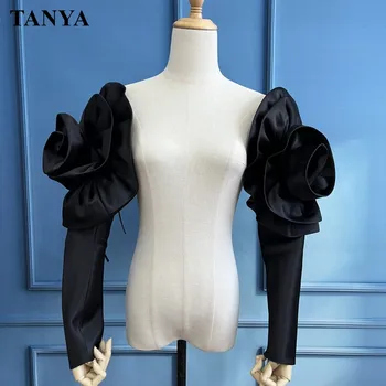 Черно атласное 3D рокля с голямо цвете, преносимо една модерна женствена рокля с дълъг ръкав, комплект от две части, аксесоари за партита