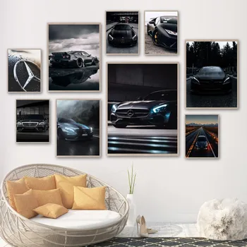 Черно индустриален стил Mercedes Benz автомобили плакат Печат на изображения Спалня кафене Ресторант веранда стенни декоративна живопис