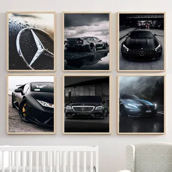 Черно индустриален стил Mercedes Benz автомобили плакат Печат на изображения Спалня кафене Ресторант веранда стенни декоративна живопис