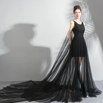 Черно тюлевое рокля с аппликацией от мъниста, дантела отзад, по цялата дължина, рокля за абитуриентски бал, рокли за специални случаи, дрехи ръчна изработка по поръчка